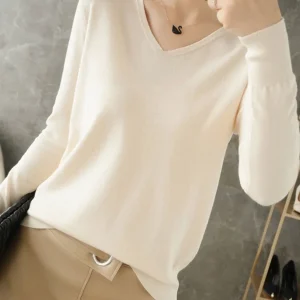 YSZWDBLX Womens Sweaters Spring Autumn V-neck Knitted Pullovers Loose Bottoming Shirt Cashmere Fashion Jumper Solid Pink Sweater